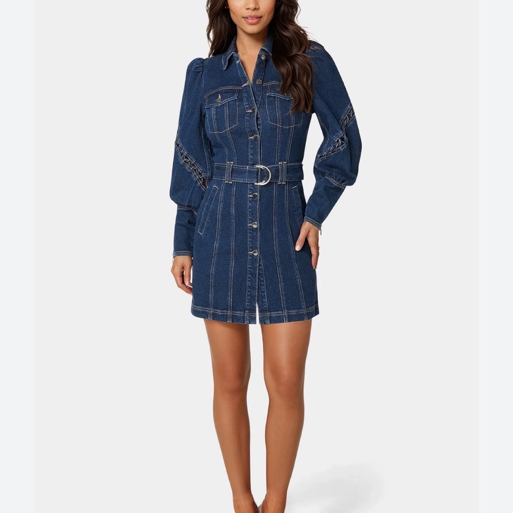 bebe Blue Button Front Long Sleeve Denim Mini Dress